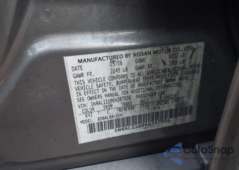 2006 Nissan Altima 2.5 S из США, поврежденный, VIN 1N4AL11D96N387006